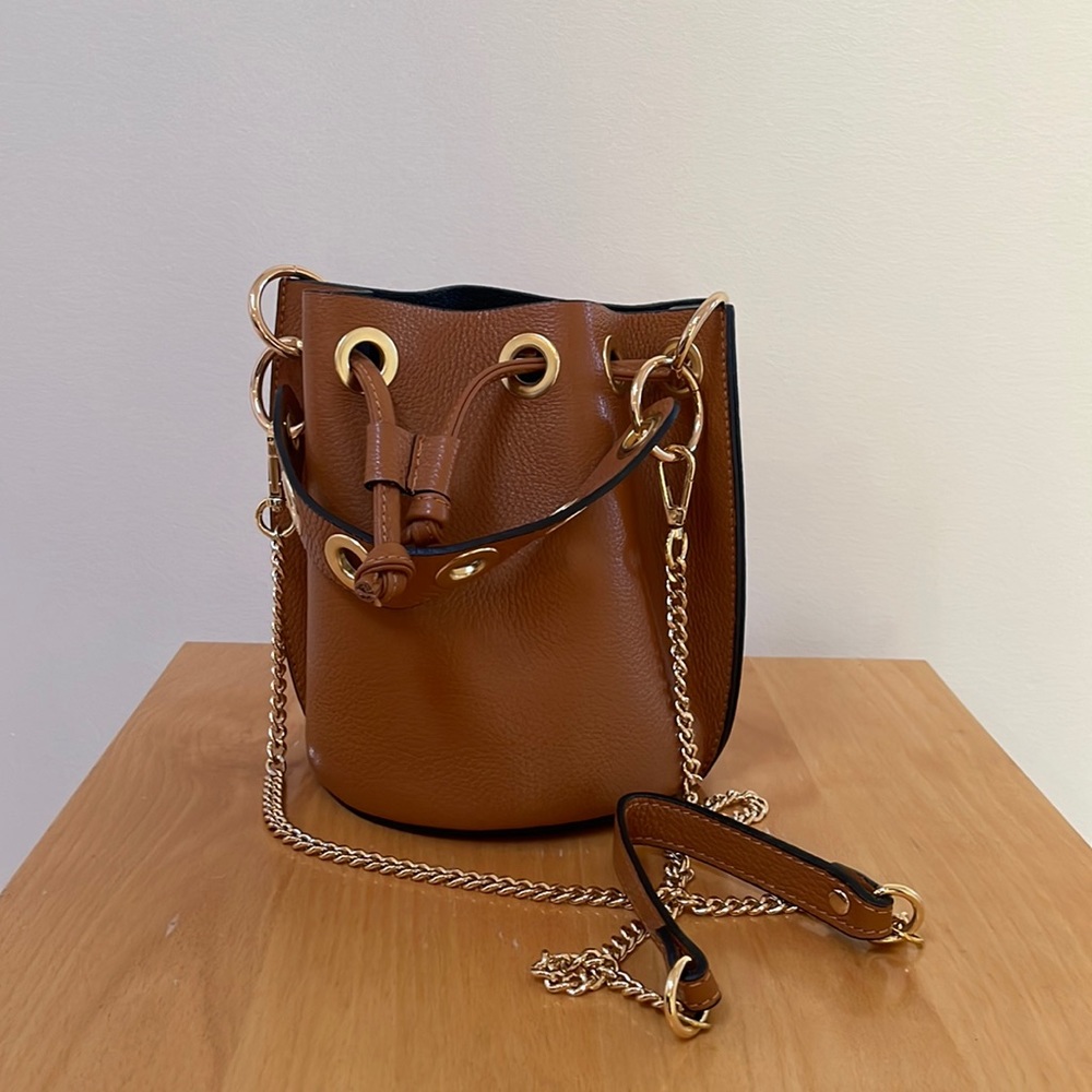 Camel colored mini bucket bag